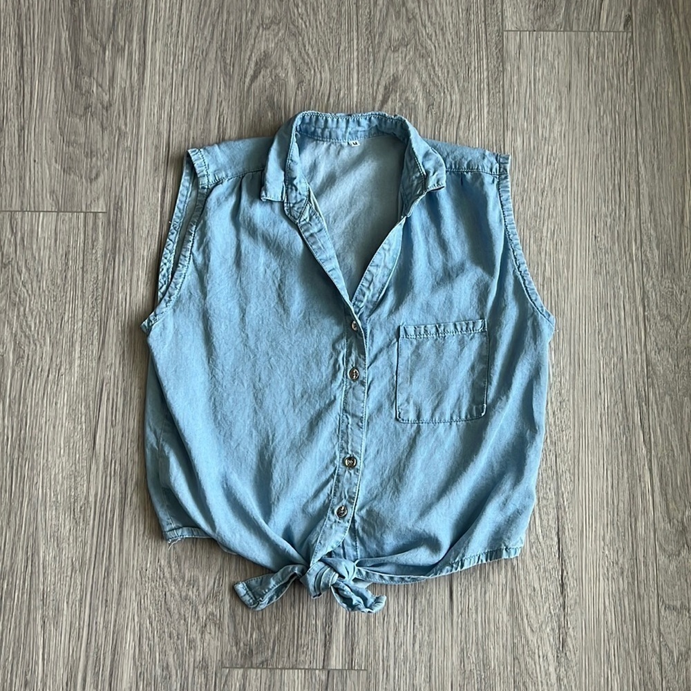 Jeans Button Up Tank Top Knot Front Size M